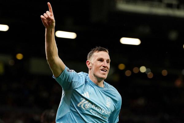 Nottingham Forest's Chris Wood celebrates scoring their side's third goal. Pic: Martin Rickett/PA Wire. 