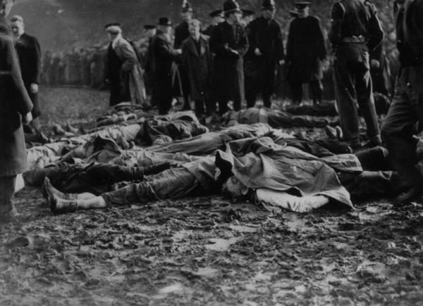 The covered bodies of some of the 33 spectators who died in a crush during a 1946 FA Cup match between Stoke and Bolton Wanderers at Burnden Park, Bolton. Pic: Keystone/Getty Images