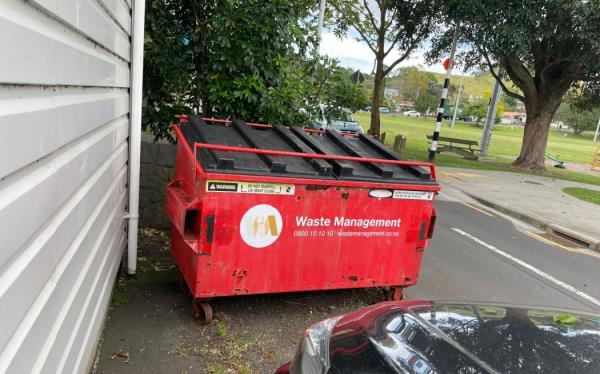 Waste Management bin behind the Vinnies Op shop in Mangere