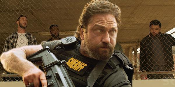a composite image of Gerard Butler jumping into action with men standing next to a fence in Den of Thieves 