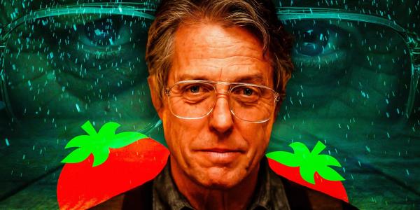 An edited image of Hugh Grant in Heretic with Rotten Tomatoes logos behind him.