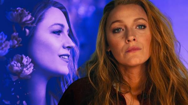 An edited image of Blake Lively in It Ends WIth Us looking into a mirror with a straight face