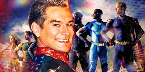 Anthony Starr smiling as Homelander in front of a poster featuring the Seven in The Boys