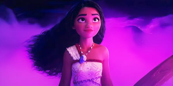 Moana standing among pink clouds in Moana 2