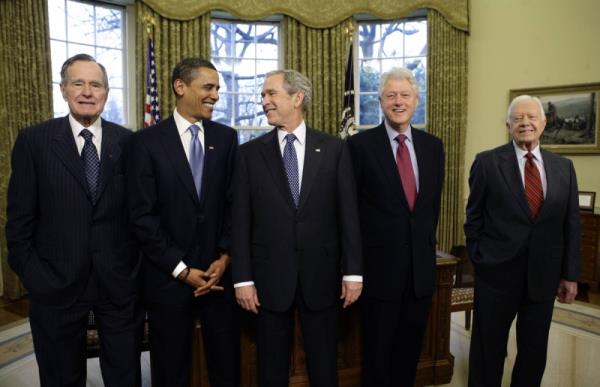 Former U.S. President Jimmy Carter in a group photo with his successors at the White House on Jan. 7, 2009. From left: George H.W. Bush; President-elect Barack Obama; President George W. Bush and Bill Clinton