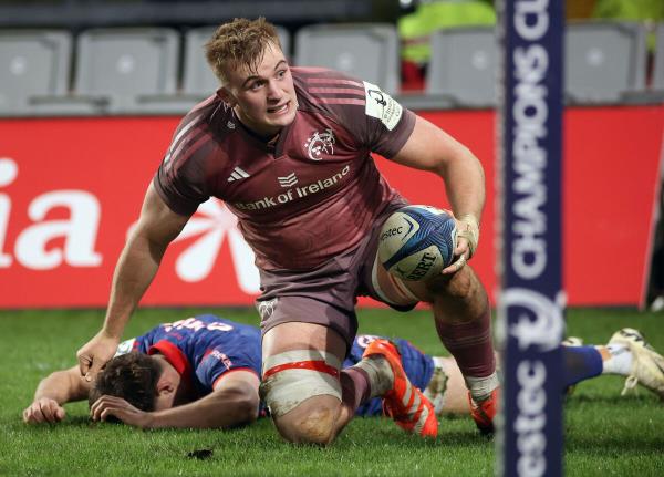 Munster’s Gavin Coombes scores his side's fifth try of the game during the Investec Champions Cup match at Thomond Park. Pic: Evan Treacy/PA Wire.