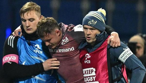 Craig Casey of Munster is carried from the pitch with an injury during the Champions Cup Pool 3 match between Castres Olympique and Munster at Stade Pierre Fabre in Castres, France. Picture: Brendan Moran/Sportsfile