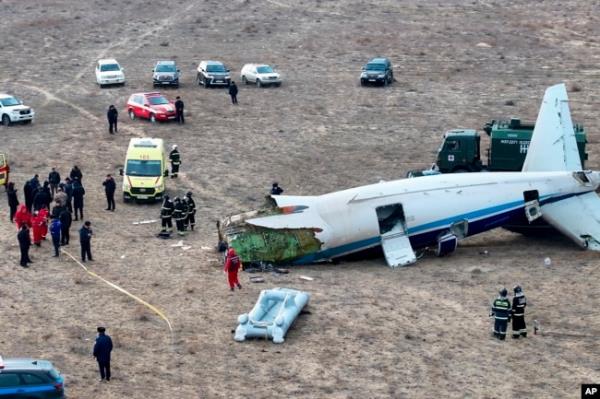 The wreckage of Azerbaijan Airlines Embraer 190 lays on the ground near the airport of Aktau, Kazakhstan, Dec. 25, 2024.