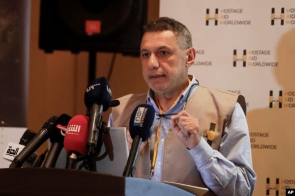 Nizar Zakka, head of Hostage Aid Worldwide, speaks a<em></em>bout American journalist Austin Tice during a press co<em></em>nference in Damascus, Syria, Dec. 24, 2024.