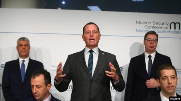 Then-U.S. ambassador to Germany Richard Grenell, Kosovo's President Hashim Thaci and Serbia's President Aleksandar Vucic attend the Munich Security Co<em></em>nference in Munich, Germany, February 14, 2020.