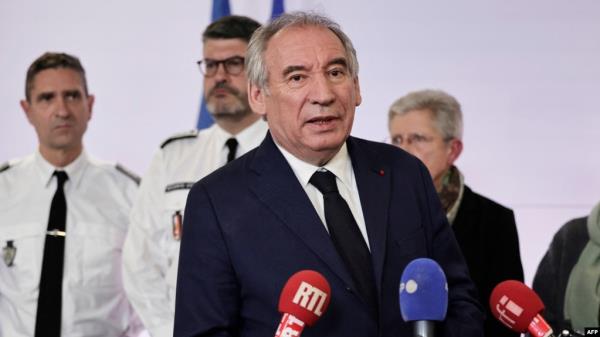 French Prime Minister Francois Bayrou reacts as he speaks to the press, at the Interior Ministry Crisis Centre in Paris, Dec. 14, 2024. 
