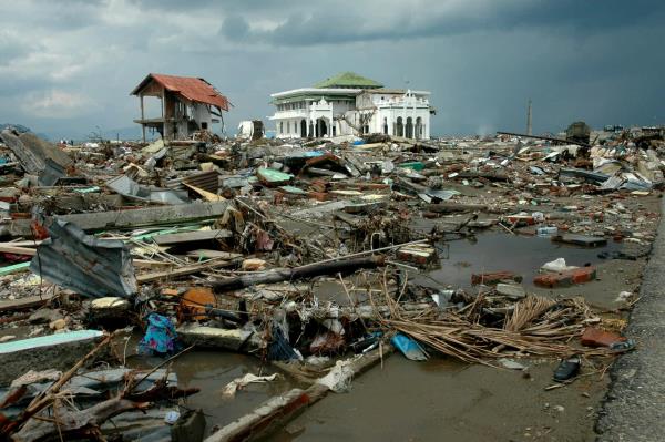 Mosque surrounded by destroyed buildings