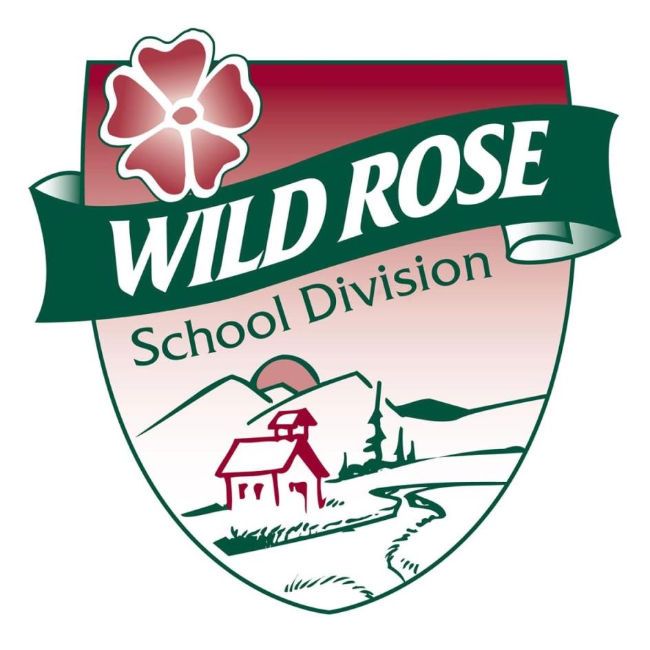 A red and white logo has a rose on it.