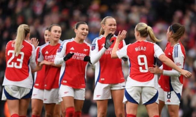 Arsenal players celebrate Beth Mead’s goal against Aston Villa earlier this month