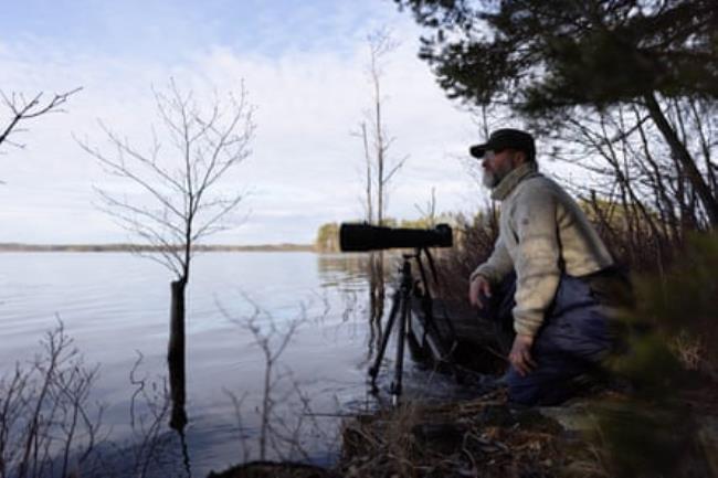 A man looks out over a lake from the shoreline