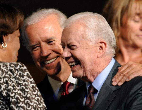 Sen. Joe Biden embracing former President Jimmy Carter at the Democratic Natio<em></em>nal Co<em></em>nvention in Denver, Colorado, 2008