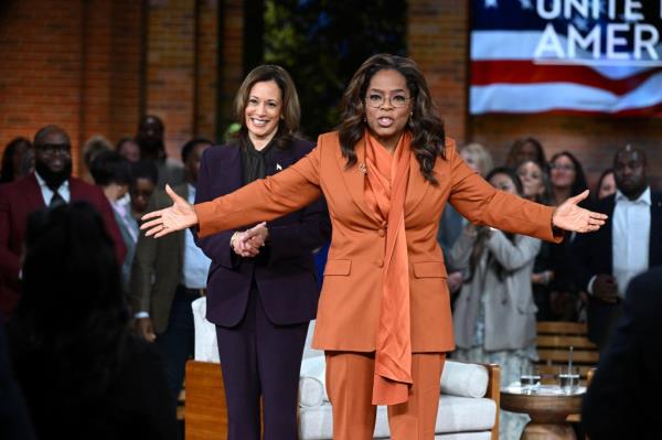 US Vice President Kamala Harris and television producer Oprah Winfrey at a 'Unite for America' rally in Farmington Hills, Michigan, 2024