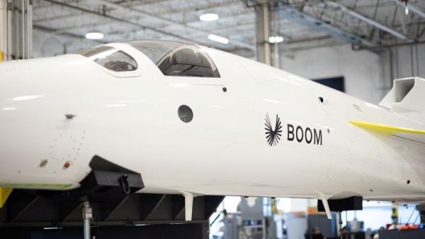 The XB-1 demo<em></em>nstrator aircraft that Boom Superso<em></em>nic is using to test more than 50 years of improvements in technology for their proposed aircraft, Overture, with which they hope to resurrect commercial superso<em></em>nic air travel across the Atlantic, is seen in Centennial, Colorado, U.S., August 13, 2021. Picture taken August 13, 2021. REUTERS/Alyson McClaran REFILE - CORRECTING INFORMATION