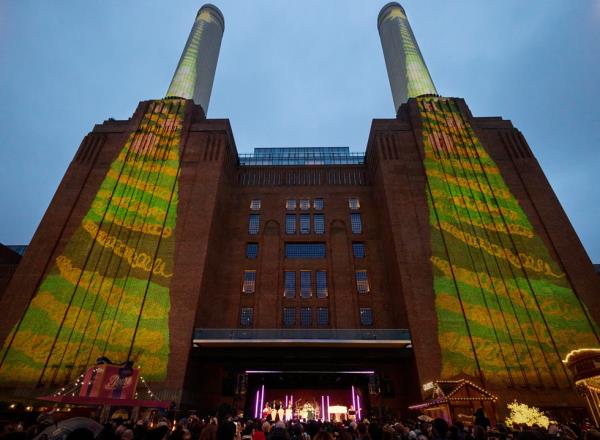 Artwork created on iPad by the students at St. George's Primary School is projected o<em></em>nto the power station's ico<em></em>nic chimneys.