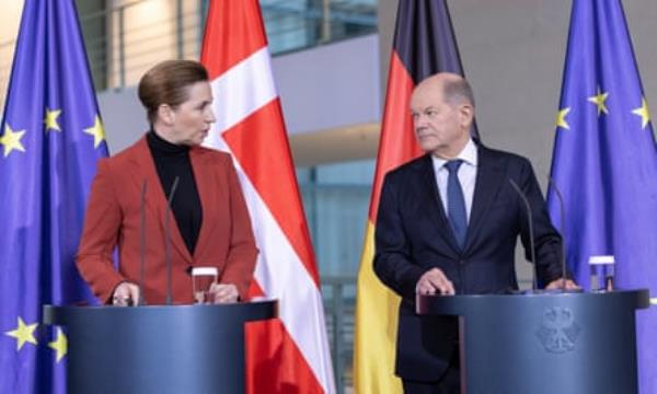 The Danish prime minister, Mette Frederiksen, and the German chancellor, Olaf Scholz, after their meeting in Berlin, 28 January 2025.