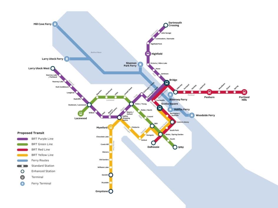 The Rapid Transit Strategy includes a network of four Bus Rapid Transit (BRT) lines and three new ferry routes.