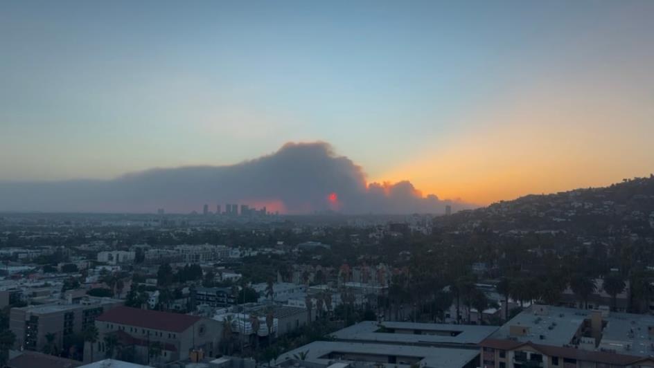 A still from a video actor John Kapelos took from his condo's rooftop on Tuesday near La Brea and Franklin Avenues, looking west from Hollywood toward the Pacific Ocean. 