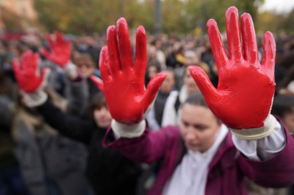 Protesters alleging corruption after the roof of a railway station in Novi Sad collapsed
